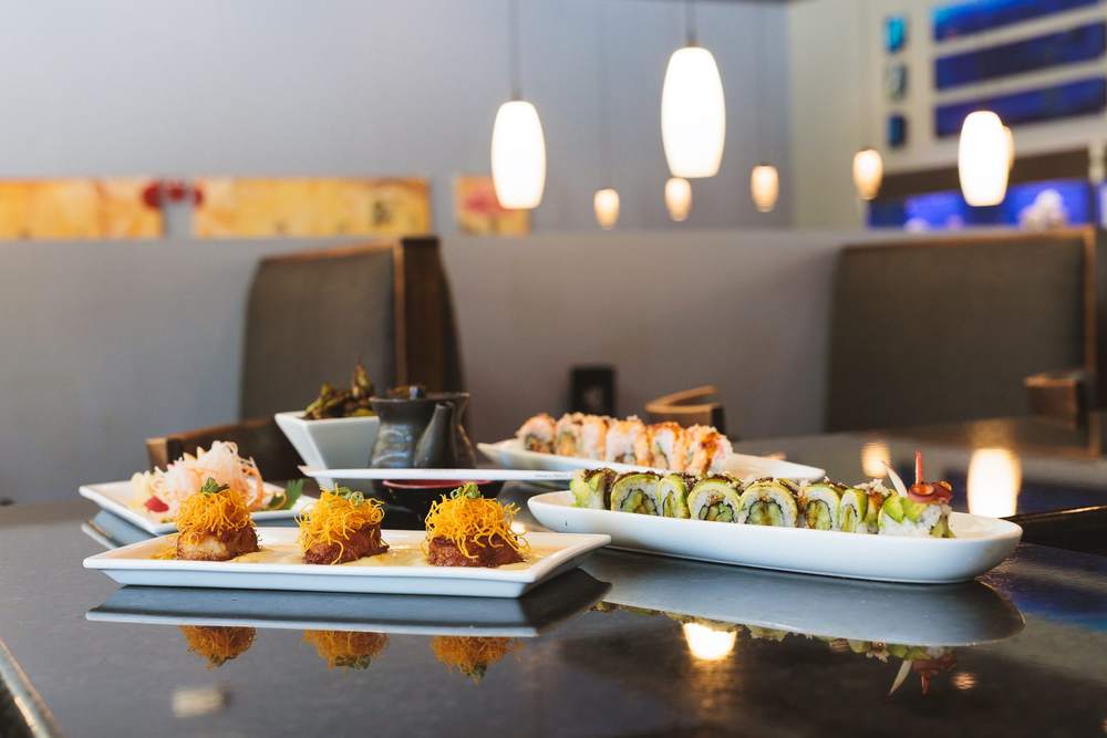 An assortment of Akebono sushi and appetizers